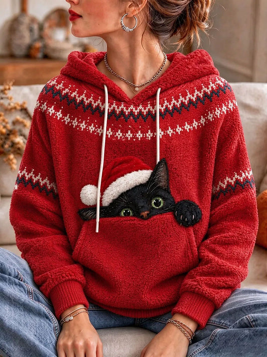 Women's Christmas Funny Cat Print Flannel Hoodie