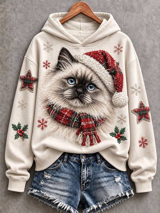 Women's Vintage Cute Christmas Cat Print Cozy Hoodie