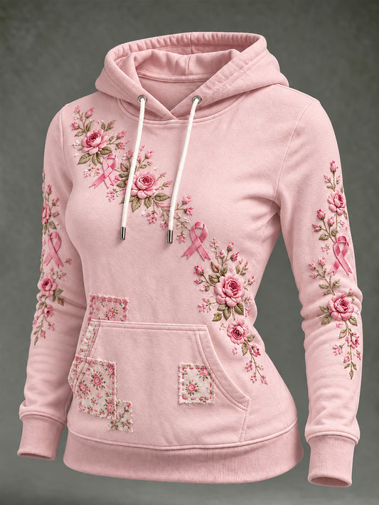 Women's Pink Rose and Pink Charity Ribbon Pattern Casual Hoodie