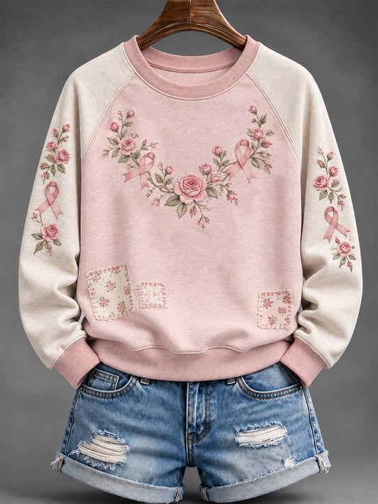 Women's Pink Rose and Pink Charity Ribbon Pattern Casual Raglan Sleeve Sweatshirt