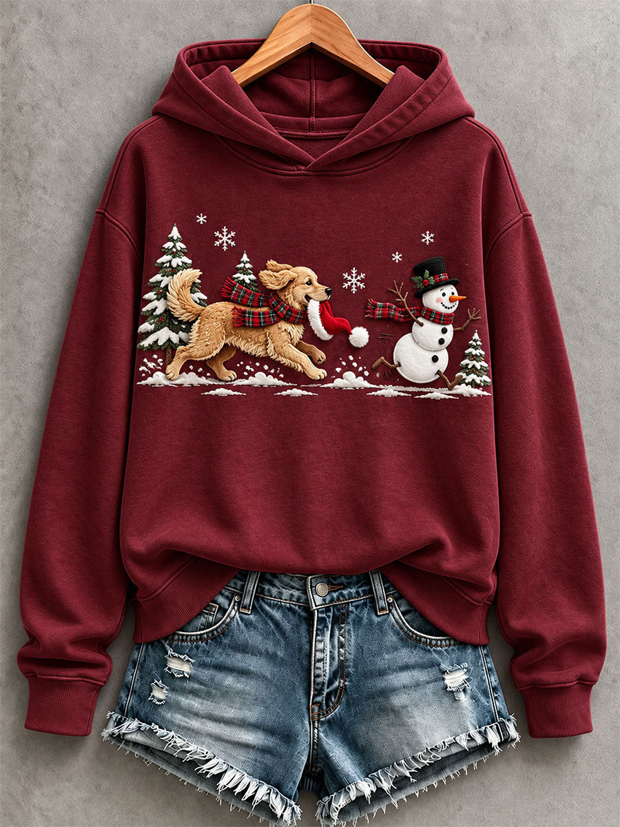 Women's Funny Golden Retriever And Snowman Hoodie