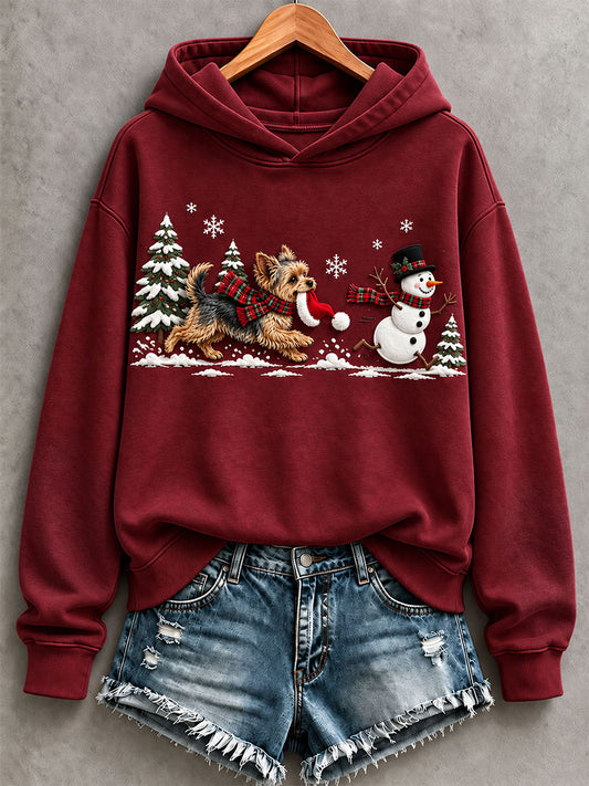 Women's Funny Yorkshire Terrier And Snowman Hoodie