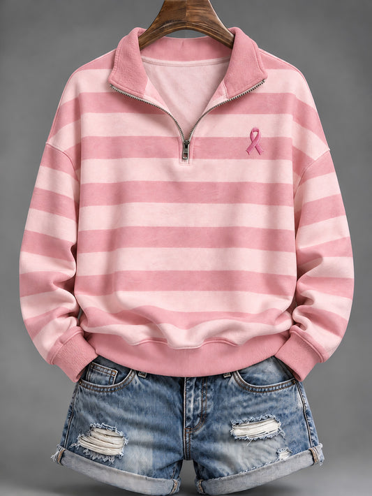 Women's Pink Striped and Pink Charity Ribbon Pattern Casual Half-Zip Sweatshirt