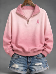Women's Pink Charity Ribbon Pattern Gradient Design Casual Half-Zip Sweatshirt