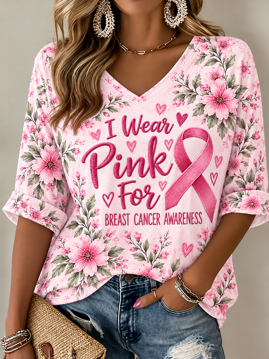 Women's Breast Cancer Mid-length Sleeves V-Neck T-Shirt