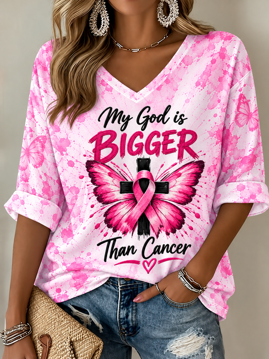Women's Breast Cancer Mid-length Sleeves V-Neck T-Shirt