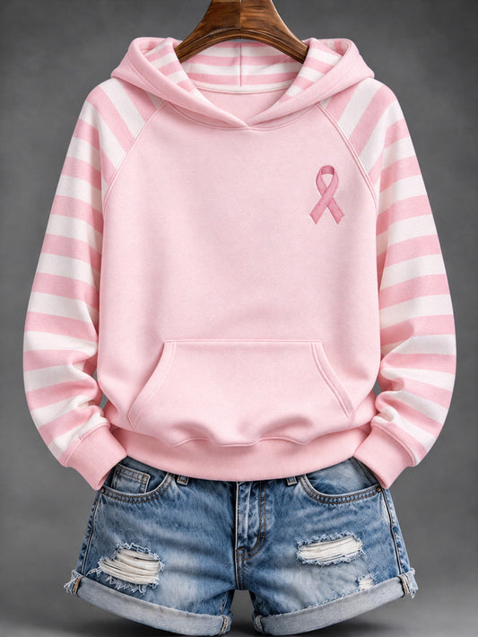 Women's Pink Charity Ribbon Pattern Striped Design Casual Hoodie