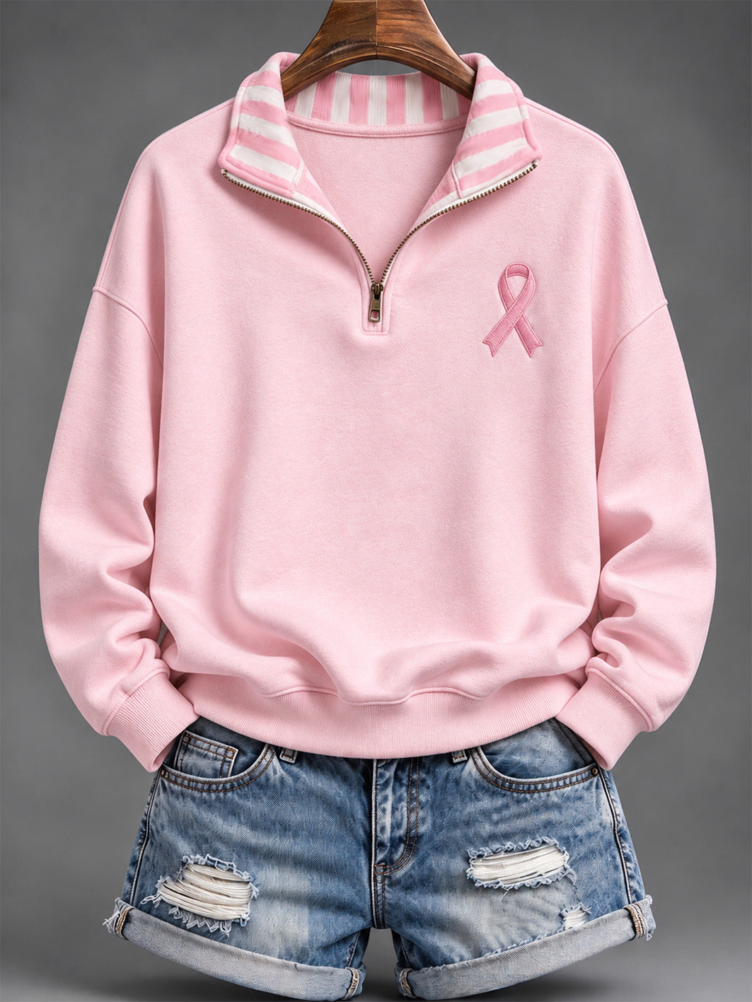 Women's Pink Charity Ribbon Pattern Striped Design Casual Half-Zip Sweatshirt