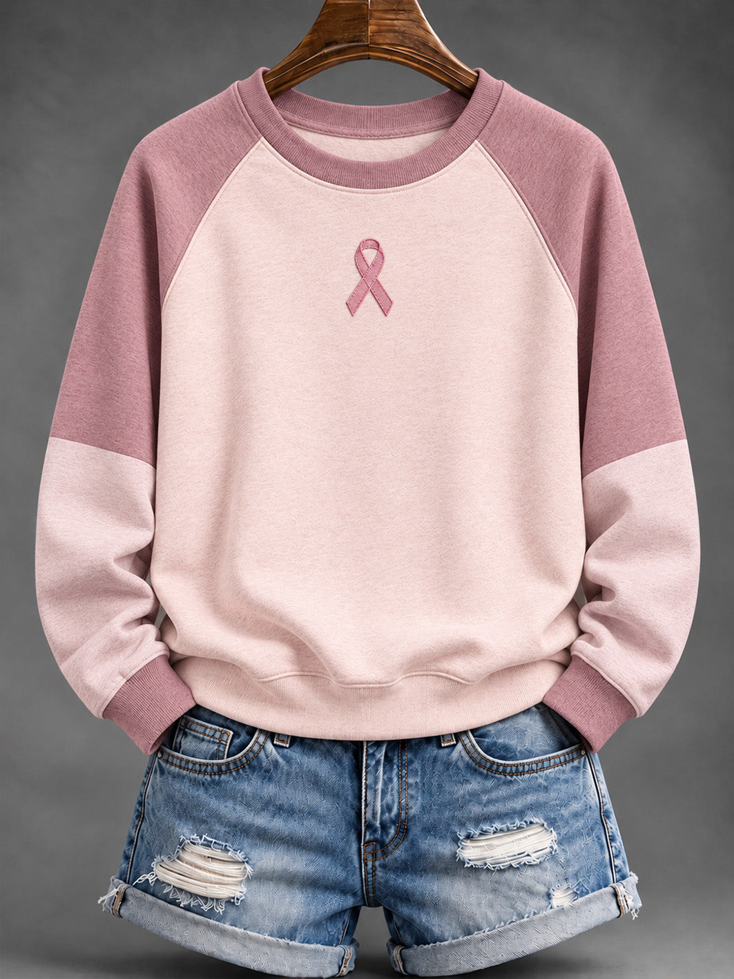 Women's Pink Charity Ribbon Pattern, Color-Blocked Design, Casual Sweatshirt