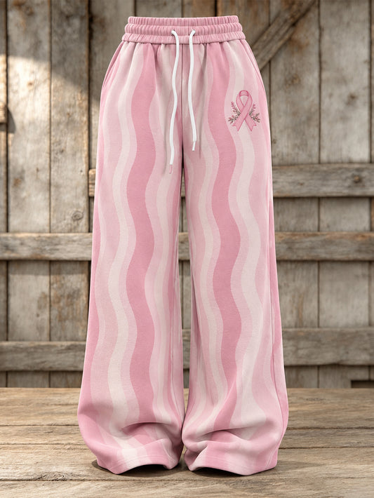 Women's Pink Charity Ribbon Pattern Striped Design Casual Sweatpants