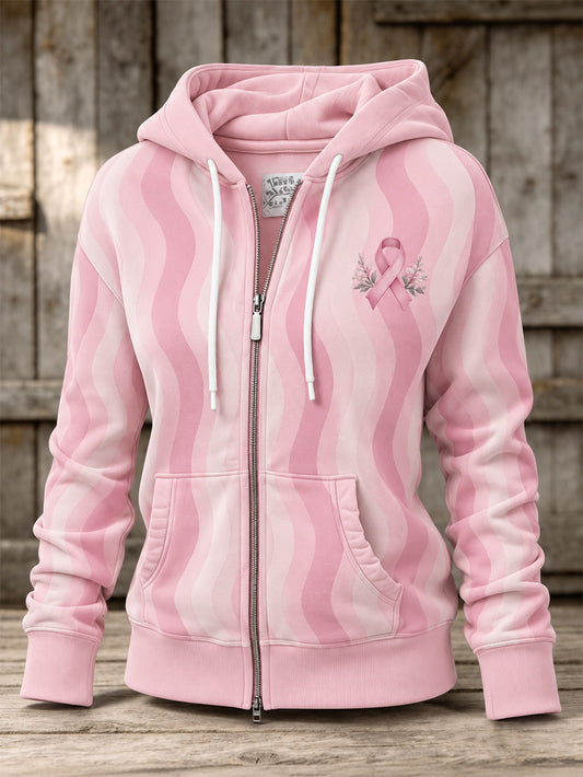 Women's Pink Charity Ribbon Pattern Striped Design Casual Zip-Up Hoodie