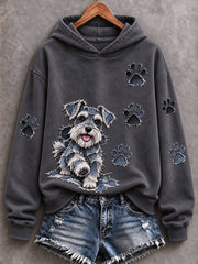 Women's Schnauzer & Paw Prints Patchwork Print Casual Hoodie