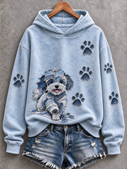 Women's Bichon Frize & Paw Prints Patchwork Print Casual Hoodie