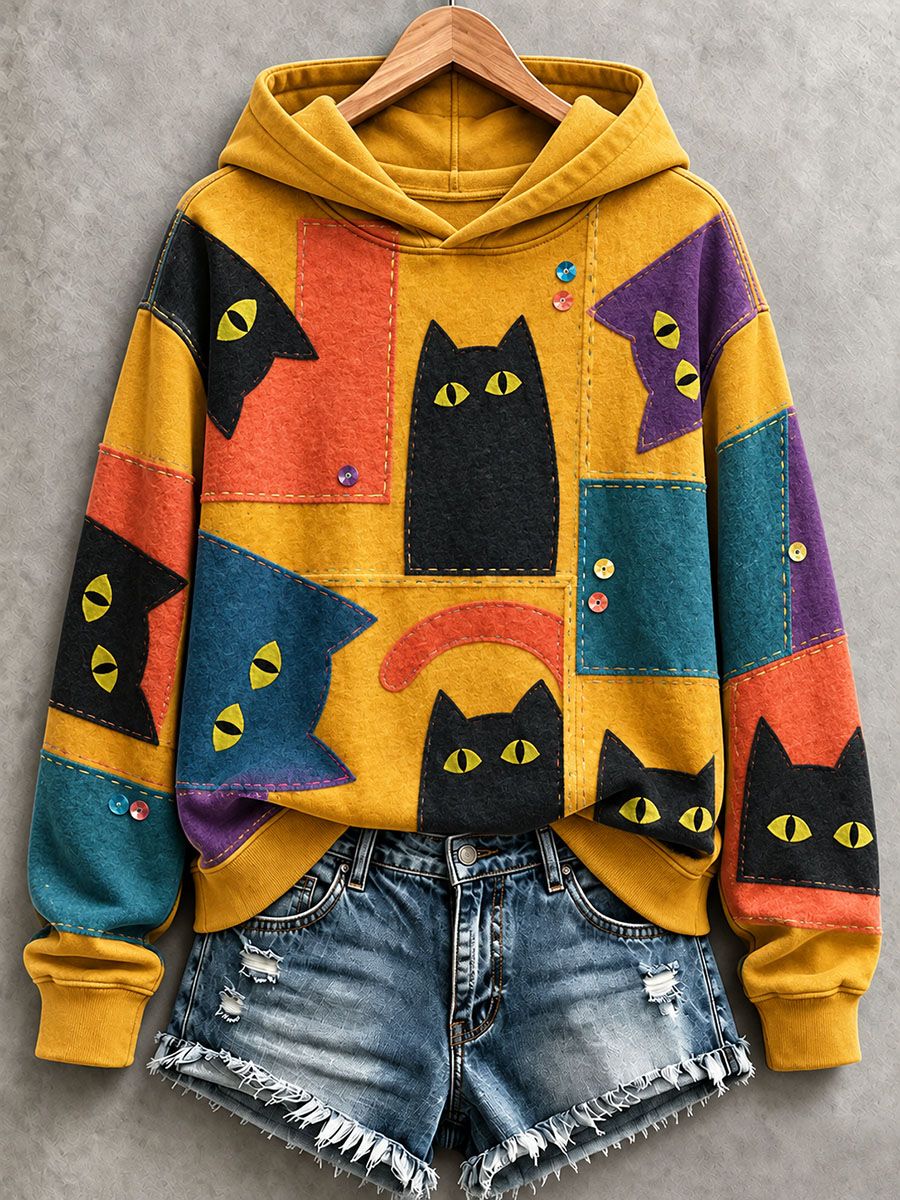 Women's Cute Cat Patchwork Art Hoodie