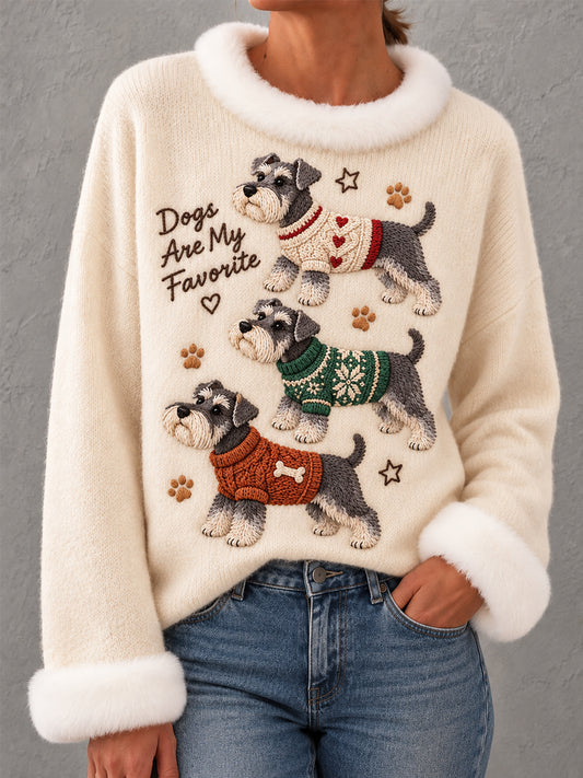 Women's Cute Schnauzer Print Dog Lovers Casual Fur Collar Top