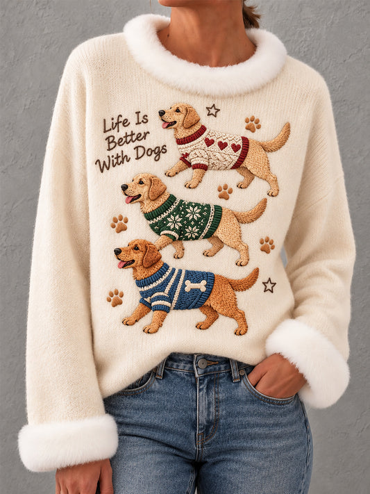 Women's Cute  Labrador Retriever Print Dog Lovers Casual Fur Collar Top