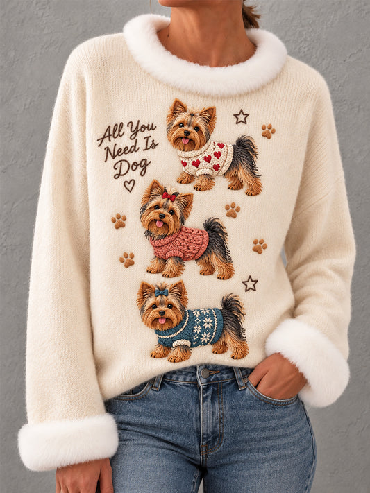 Women's Cute Dog Print Dog Lovers Casual Fur Collar Top