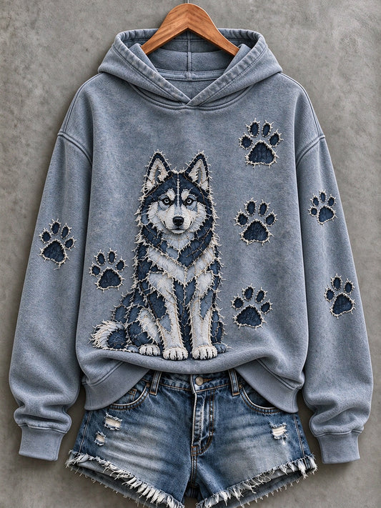 Women's Husky & Paw Prints Patchwork Print Casual Hoodie