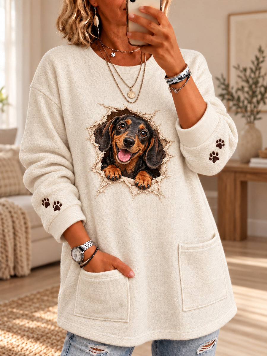 Women's Cute Dog Print Casual Long Sleeve Sweater