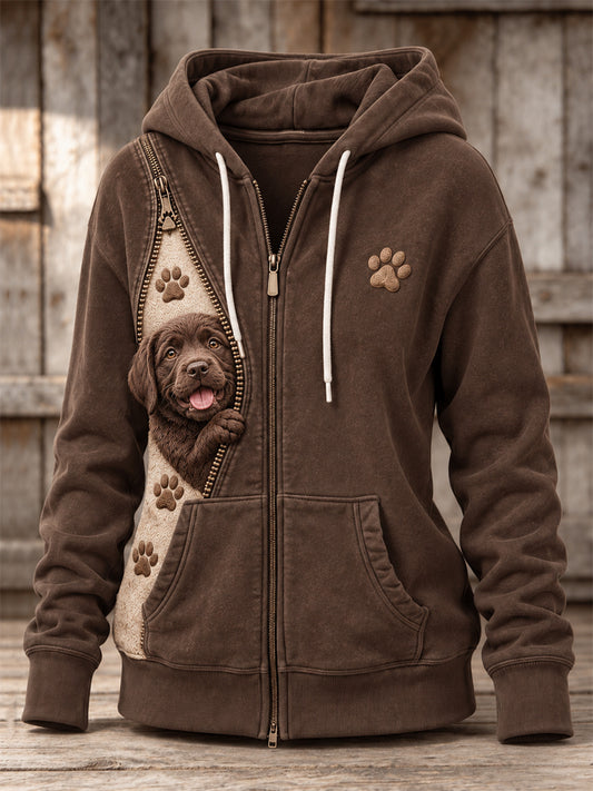 Women's Peeking Labrador Dog & Paw Prints Zipper Contrast Print Full Zip Hoodie