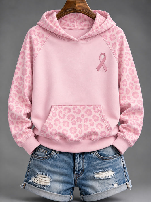 Women's Pink Charity Ribbon Pattern Leopard Print Design Casual Hoodie