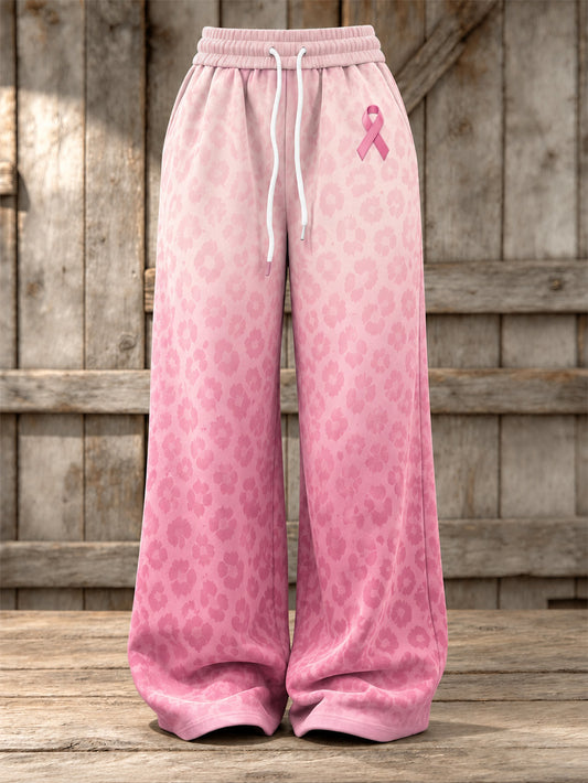 Women's Pink Charity Ribbon Pattern Leopard Print Design Casual  Sweatpants