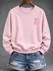 Women's Pink Charity Ribbon Pattern Leopard Print Design Casual Sweatshirt