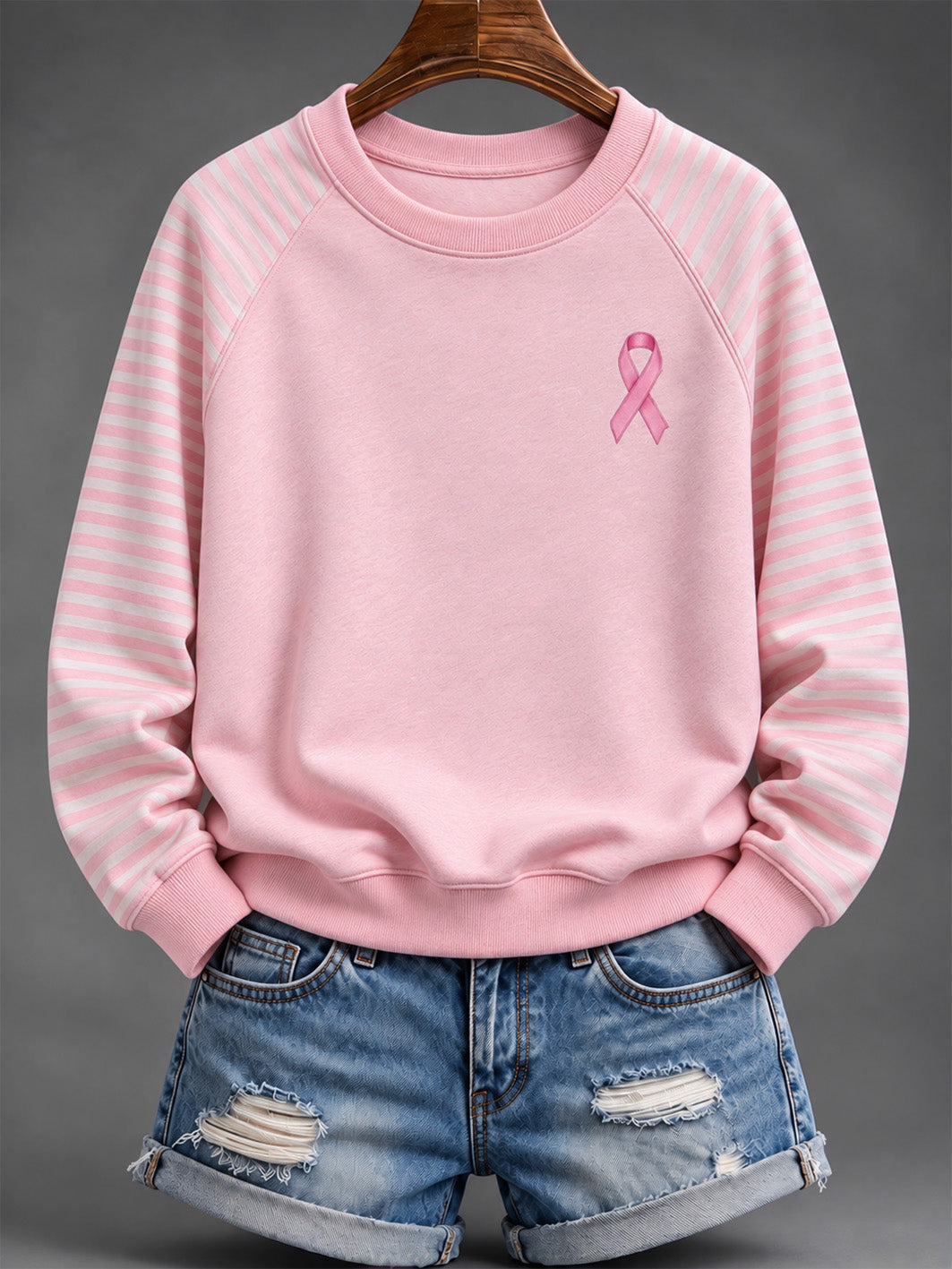 Women's Pink Charity Ribbon Pattern Striped Print Design Casual Sweatshirt