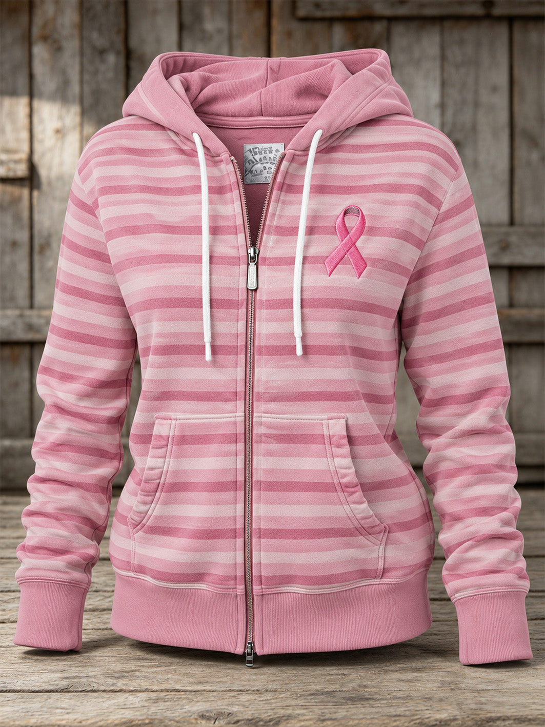 Women's Pink Charity Ribbon Pattern Striped Print Design Casual Zip-Up Hoodie