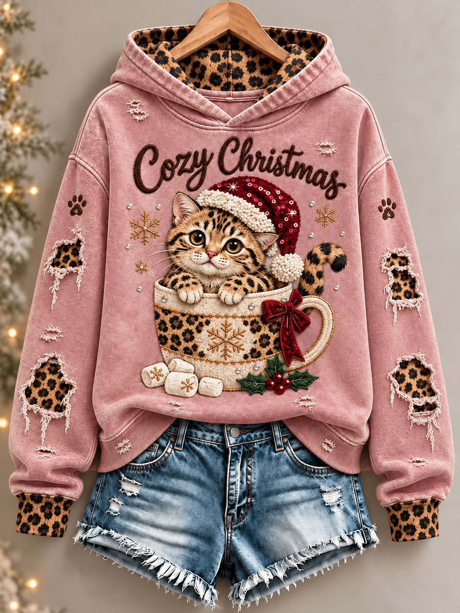 Women's Christmas Funny Cat Art Print Regular Hoodie