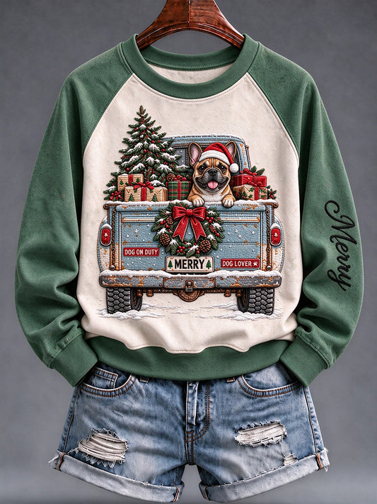 Women's Christmas Dog Truck Raglan Sweatshirt