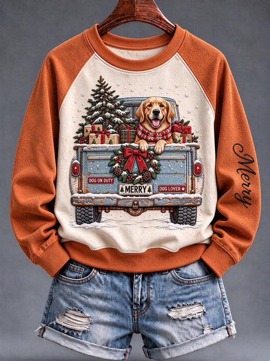 Women's Christmas Dog Truck Raglan Sweatshirt