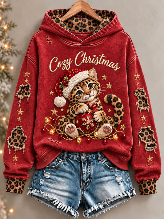Women's Christmas Funny Cat Art Print Regular Hoodie