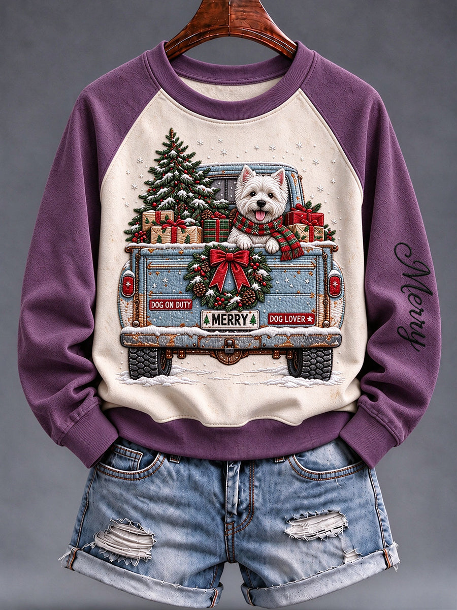 Women's Christmas Dog Truck Raglan Sweatshirt