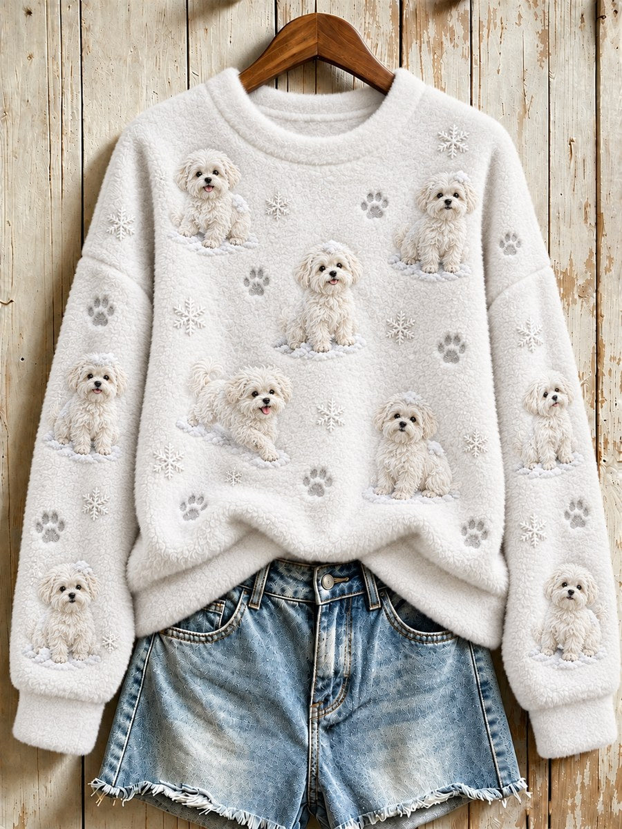 Women's Snowy Winter Maltese Dogs in the Snow Print Flannel Sweatshirt