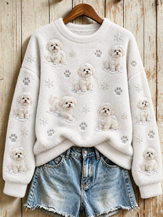 Women's Snowy Winter Maltese Dogs in the Snow Print Flannel Sweatshirt