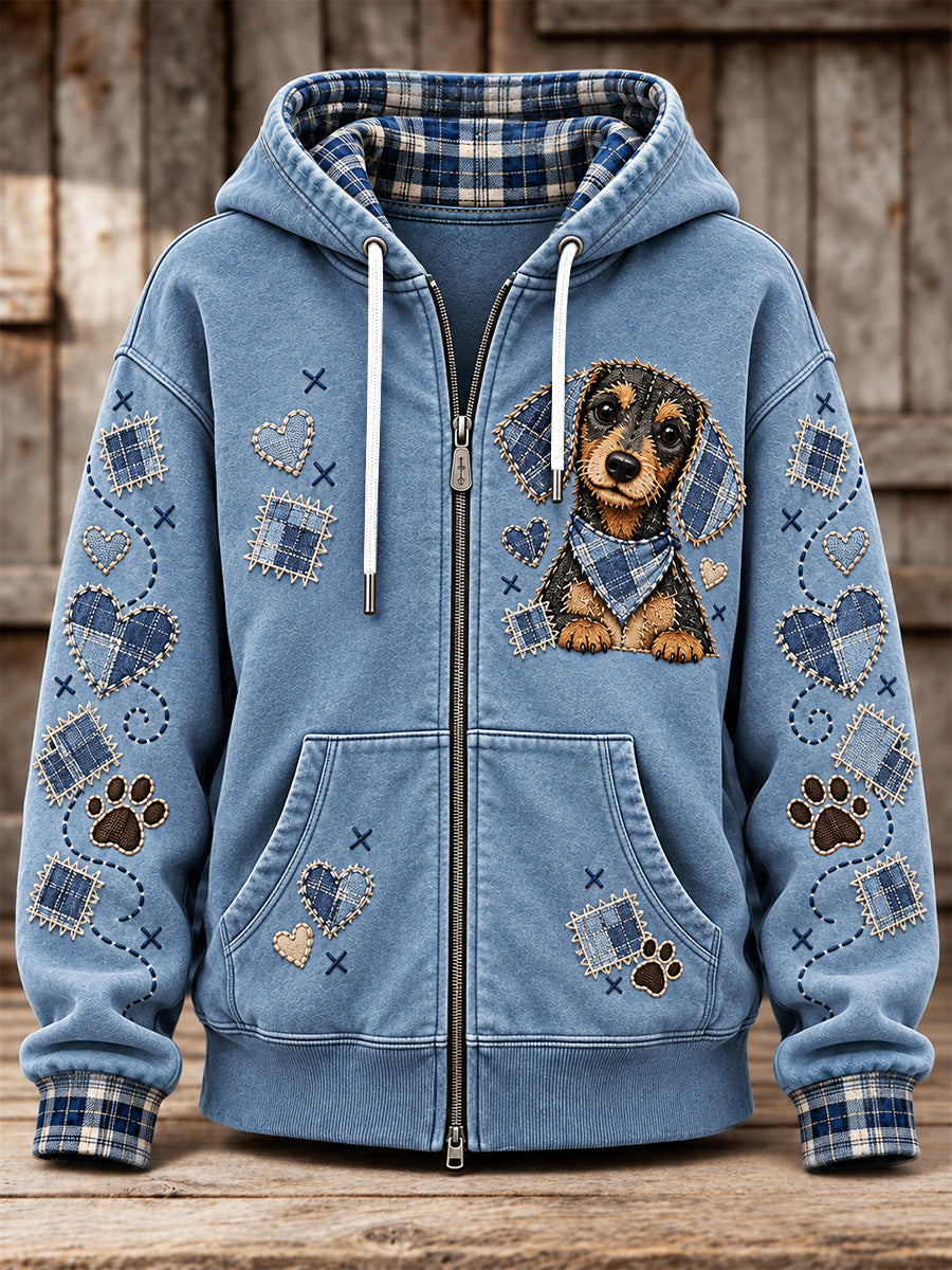 Women's Cute Patchwork Dog Print Zip-Up Hoodie