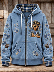 Women's Cute Patchwork Dog Print Zip-Up Hoodie