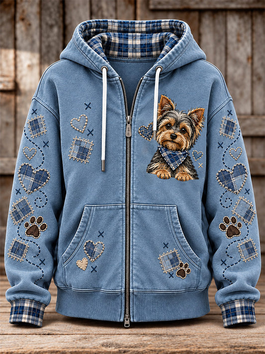 Women's Cute Patchwork Dog Print Zip-Up Hoodie
