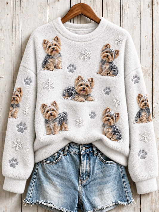 Women's Snowy Winter Yorkie Dogs in the Snow Print Flannel Sweatshirt