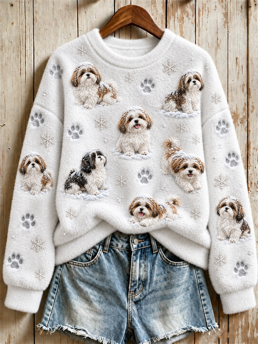 Women's Snowy Winter Shih Tzu Dogs in the Snow Print Flannel Sweatshirt