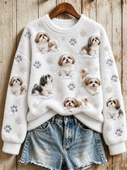 Women's Snowy Winter Shih Tzu Dogs in the Snow Print Flannel Sweatshirt
