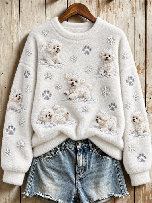 Women's Snowy Winter Bichon Dogs in the Snow Print Flannel Sweatshirt