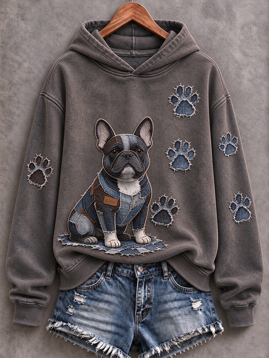 Women's French Bulldog & Paw Prints Patchwork Print Casual Hoodie