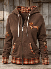 Women's Vintage Plaid Dachshund Dog & Paws Print Comfy Zip-Up Hoodie
