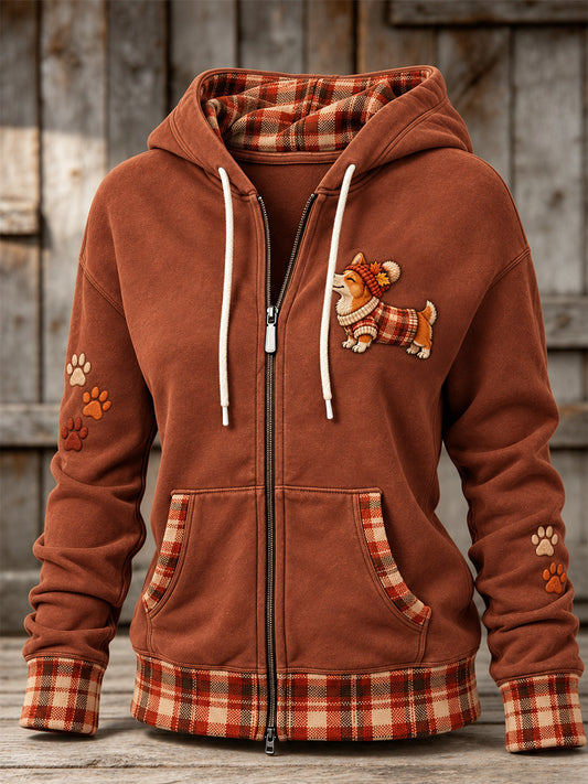 Women's Vintage Plaid Corgi Dog & Paws Print Comfy Zip-Up Hoodie