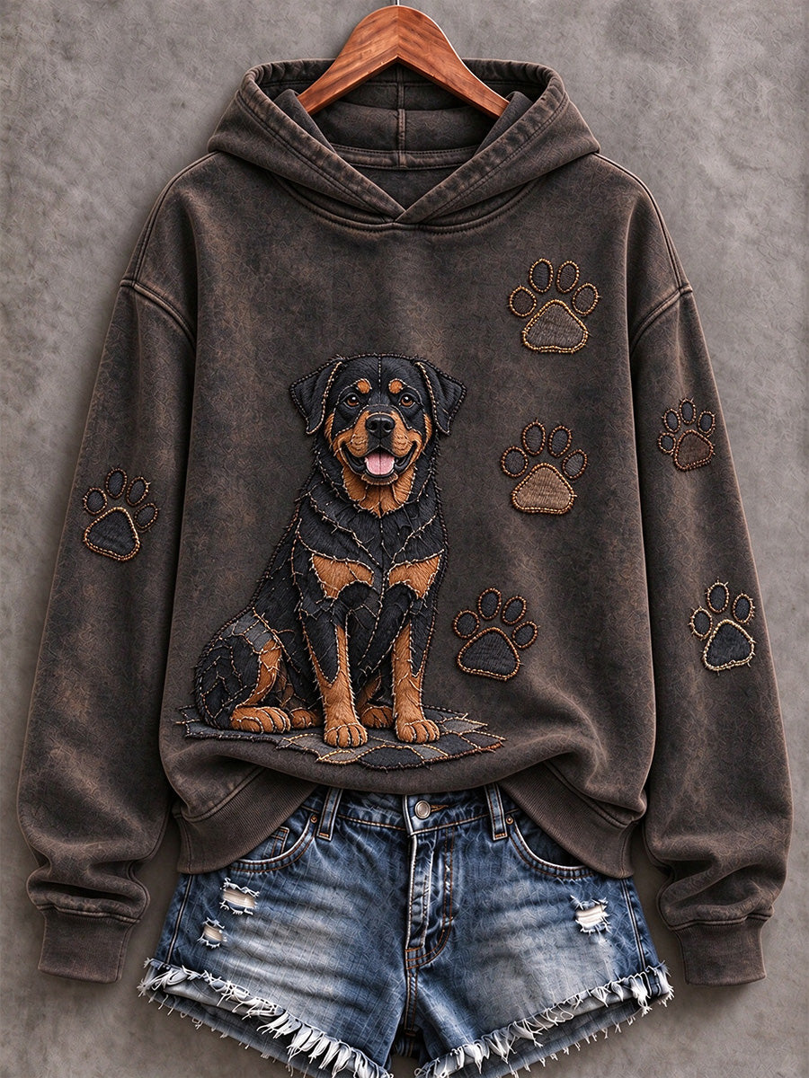 Women's Rottweiler & Paw Prints Patchwork Print Casual Hoodie
