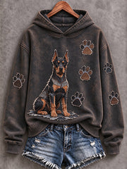 Women's Doberman Pinscher & Paw Prints Patchwork Print Casual Hoodie