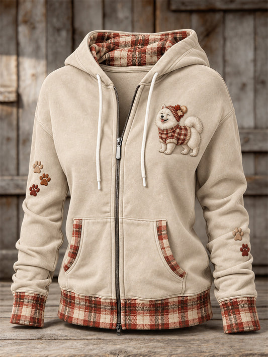 Women's Vintage Plaid Samoyed Dog & Paws Print Comfy Zip-Up Hoodie