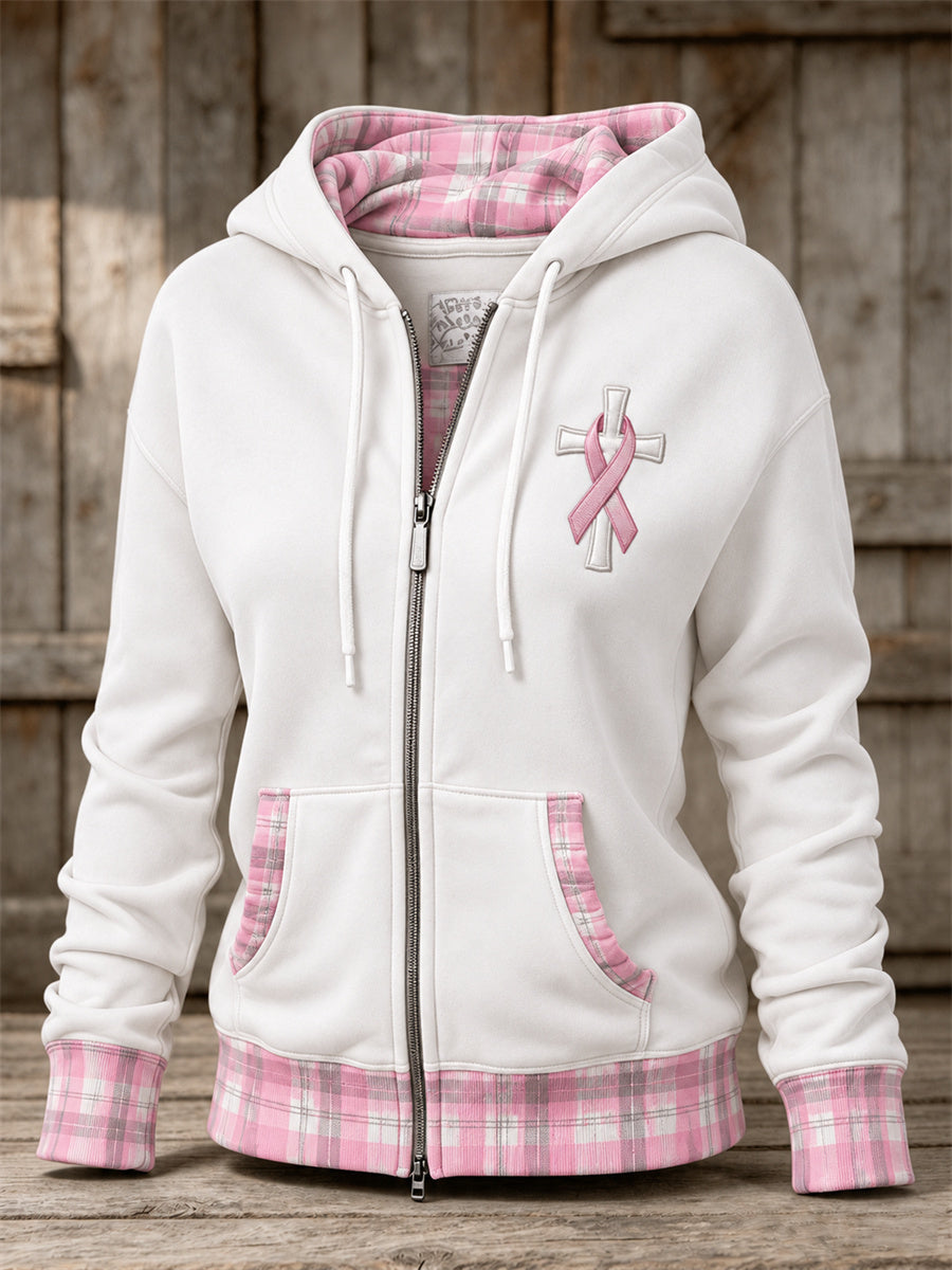 Women's Pink Ribbon Christian Cross Plaid Print Full Zip Hoodie